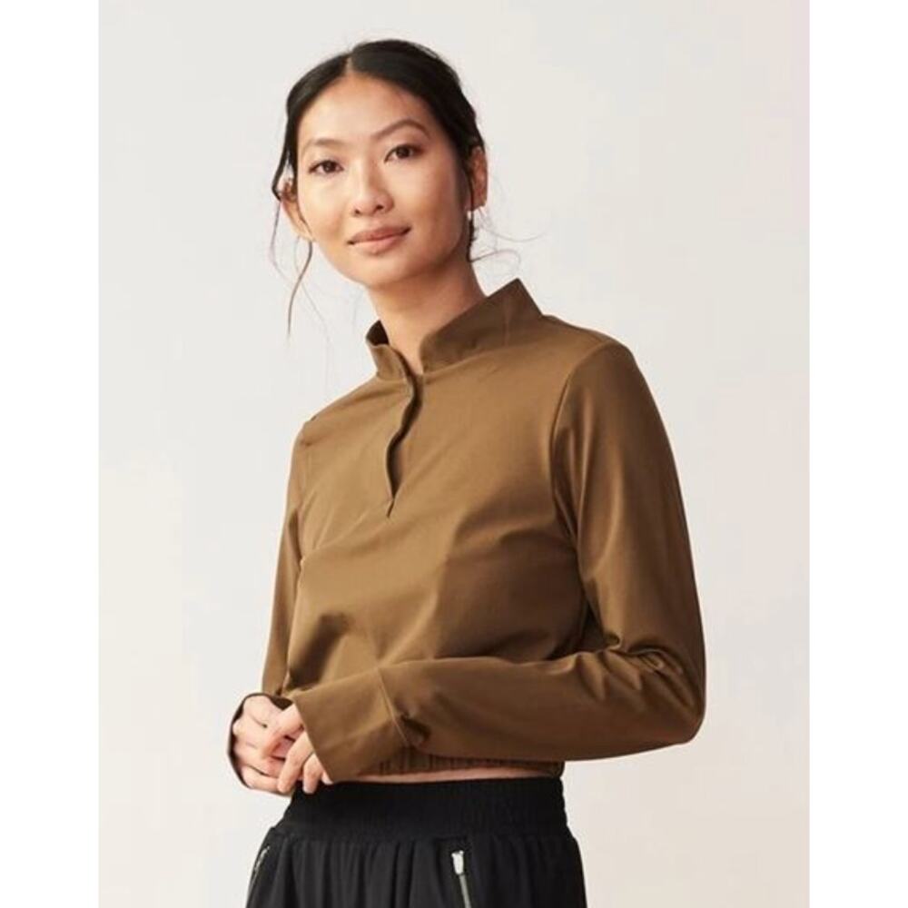 Aday Check-in Top Longsleeve Crop Top Olive Brown Stretch Travel Womens XS